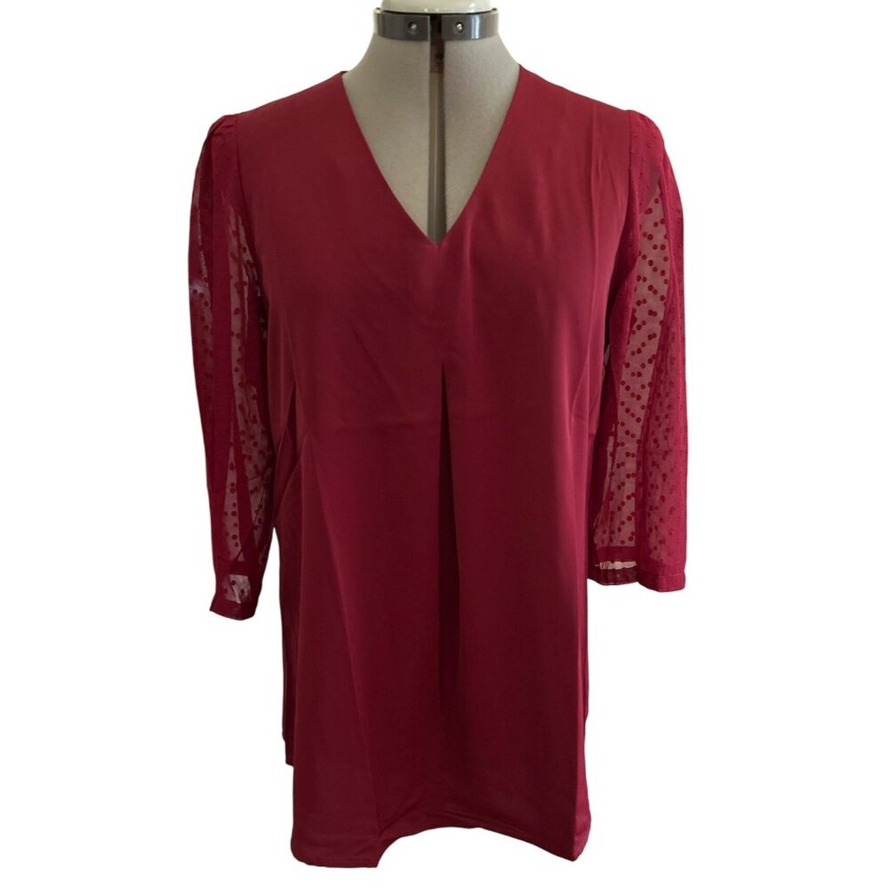 Messic Womens Burgundy V-Neck Blouse With Sheer Polka Dot 3/4 Sleeves Medium